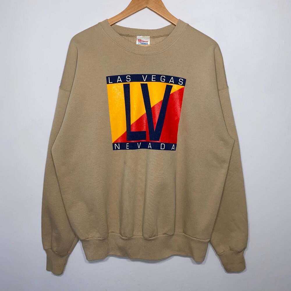 Vintage 90s Las Vegas Nevada Crewneck Pullover Sweater Tan Beige Hanes XL